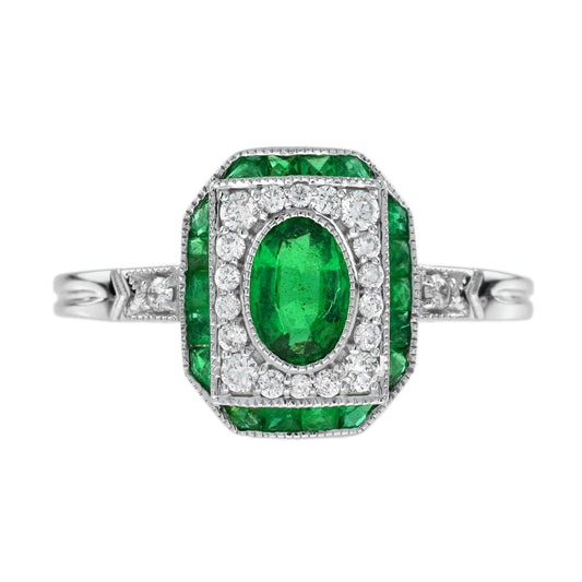 Oval Shape Green Emerald Diamond Vintage Inspire Art Deco Style White Gold Ring