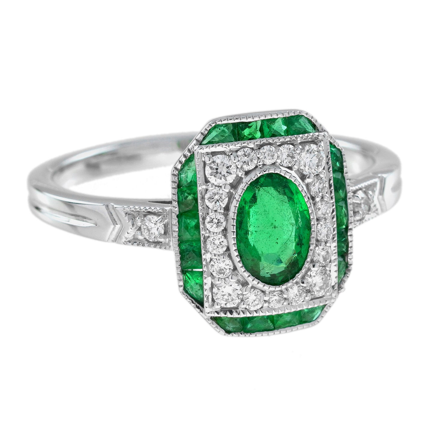 oval shape green emerald diamond vintage inspire art deco style white gold ring