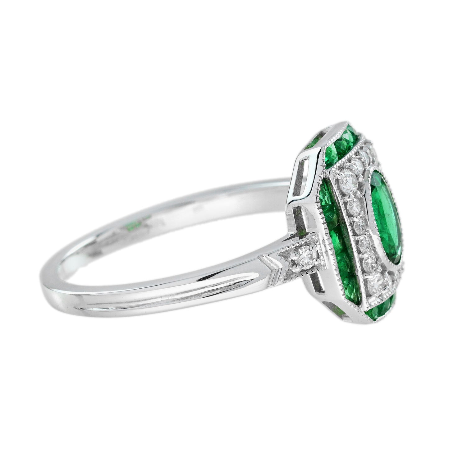 oval shape green emerald diamond vintage inspire art deco style white gold ring