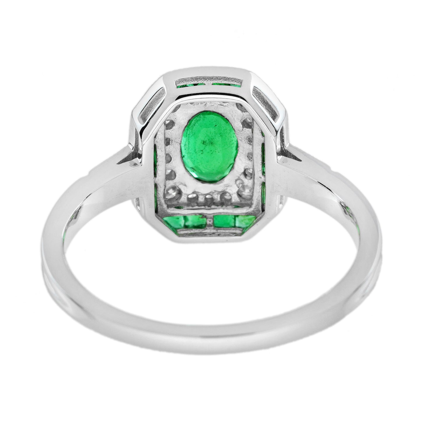 oval shape green emerald diamond vintage inspire art deco style white gold ring