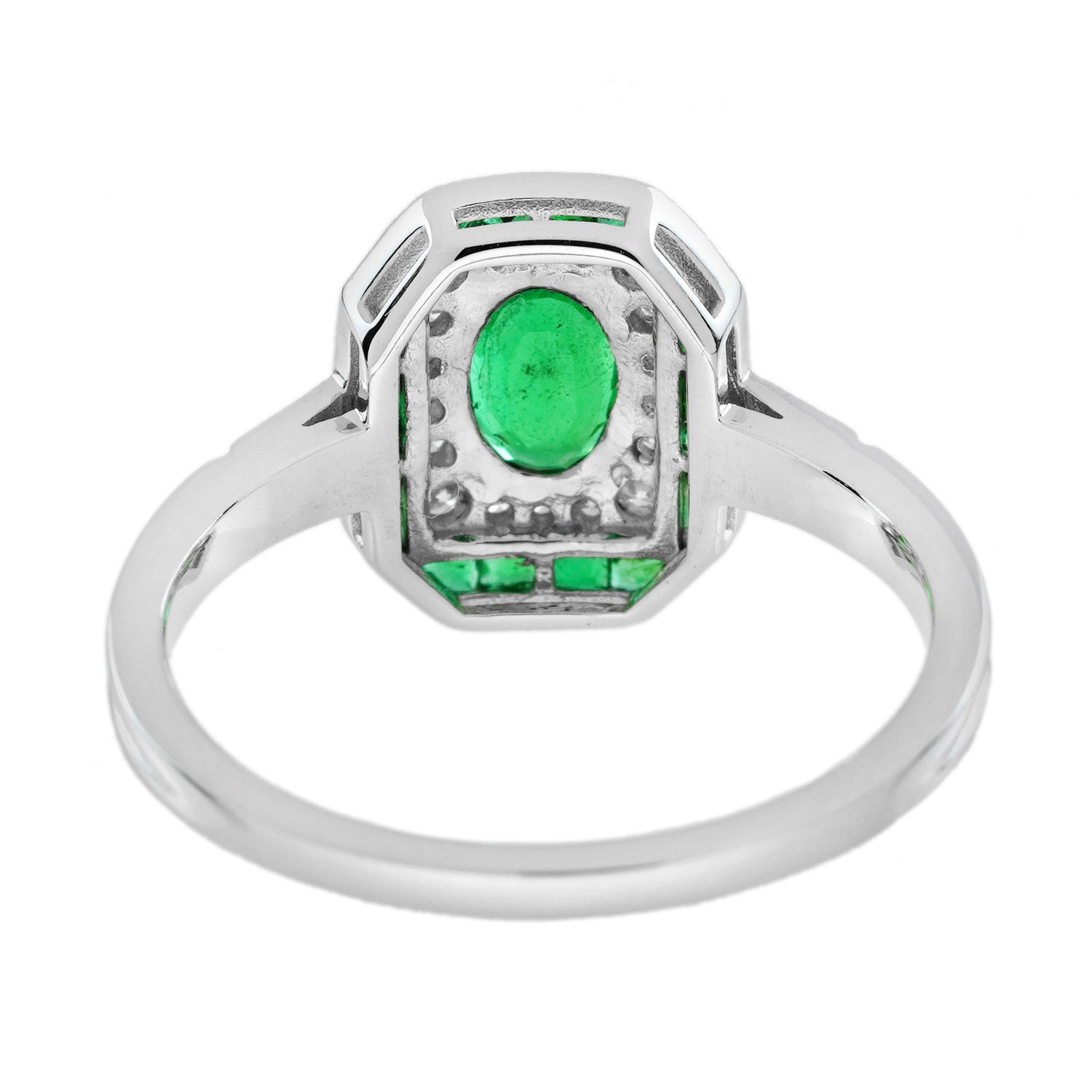 Oval Shape Green Emerald Diamond Vintage Inspire Art Deco Style White Gold Ring