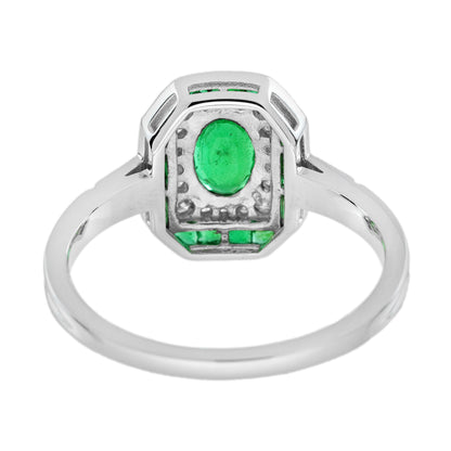 Oval Shape Green Emerald Diamond Vintage Inspire Art Deco Style White Gold Ring