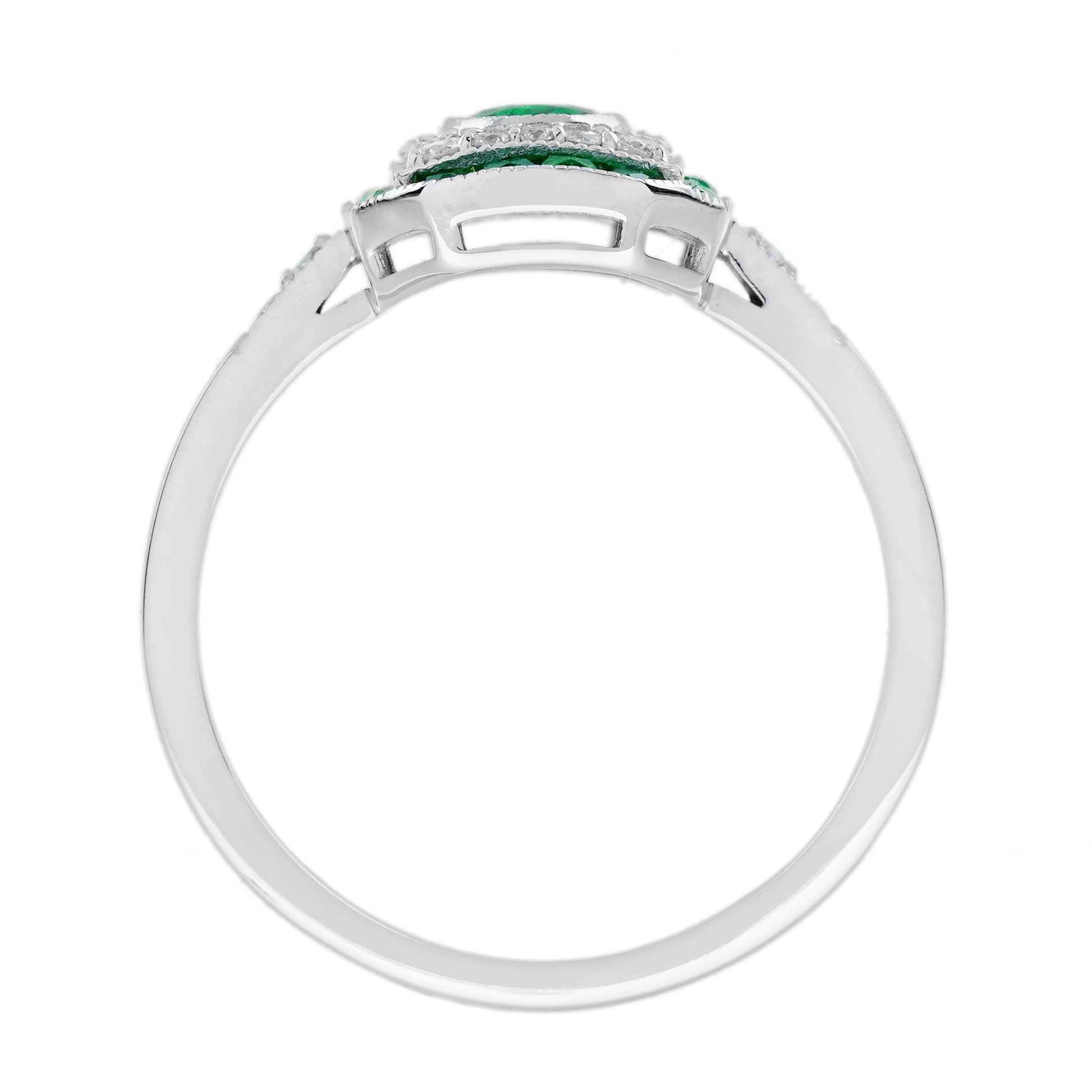 Oval Shape Green Emerald Diamond Vintage Inspire Art Deco Style White Gold Ring