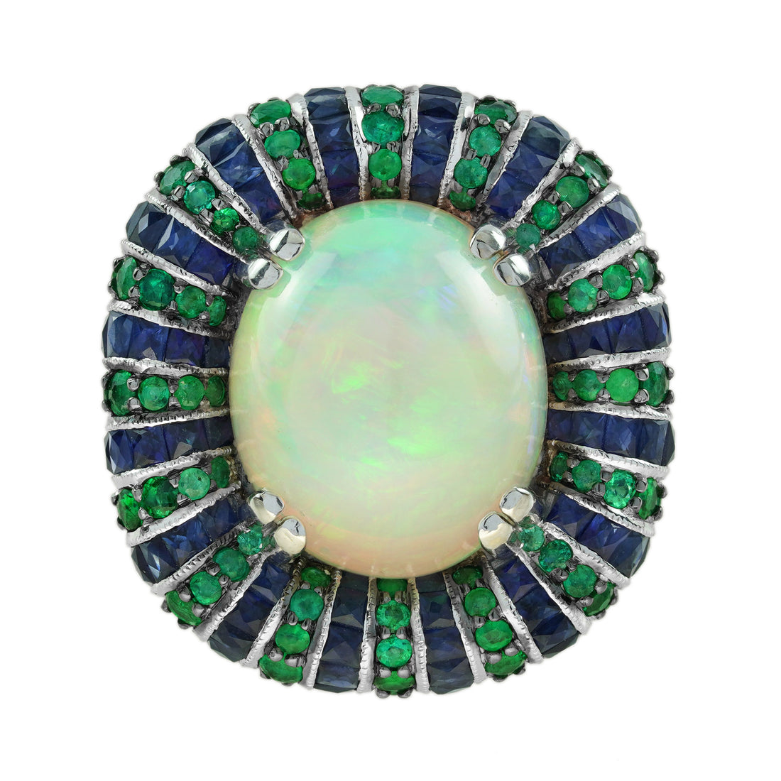 White Ethiopian Opal Emerald Sapphire Antique Style Cocktail 18K White Gold Ring