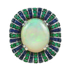 White Ethiopian Opal Emerald Sapphire Antique Style Cocktail 18K White Gold Ring