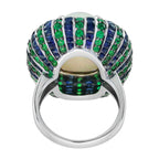 White Ethiopian Opal Emerald Sapphire Antique Style Cocktail 18K White Gold Ring