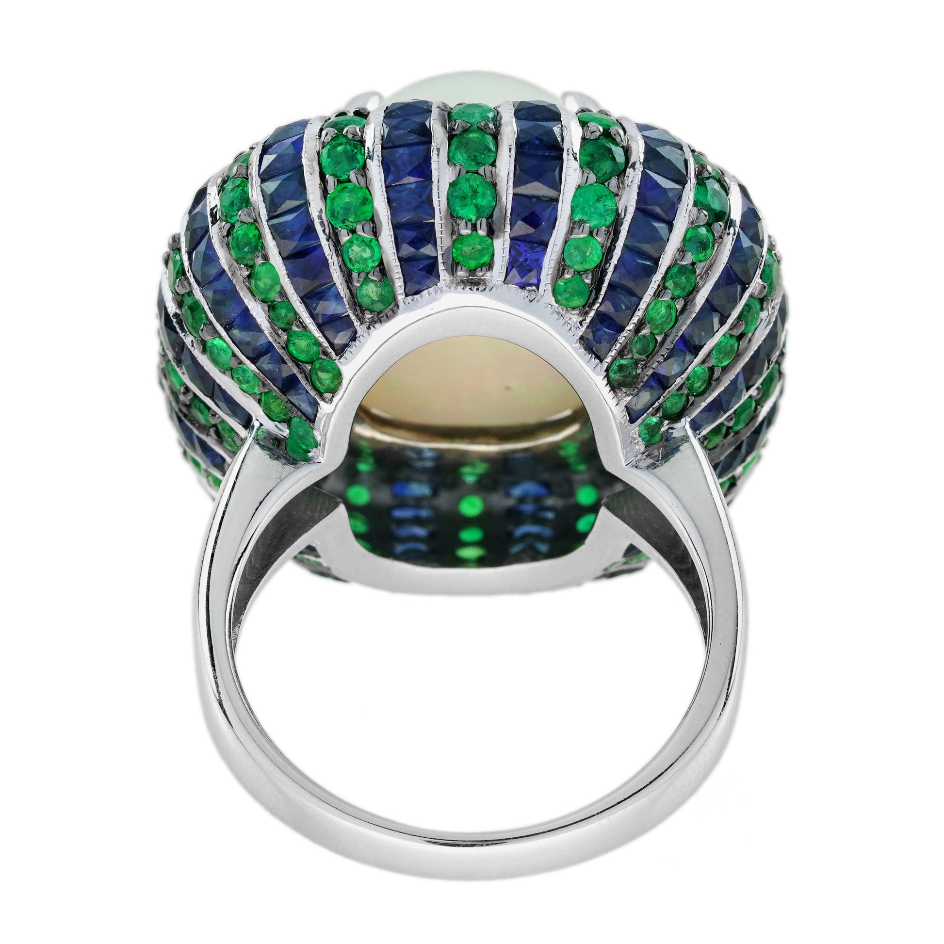 White Ethiopian Opal Emerald Sapphire Antique Style Cocktail 18K White Gold Ring