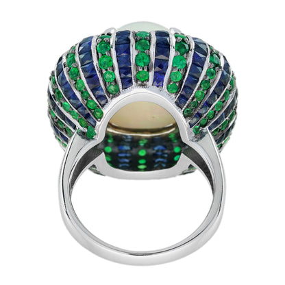 White Ethiopian Opal Emerald Sapphire Antique Style Cocktail 18K White Gold Ring