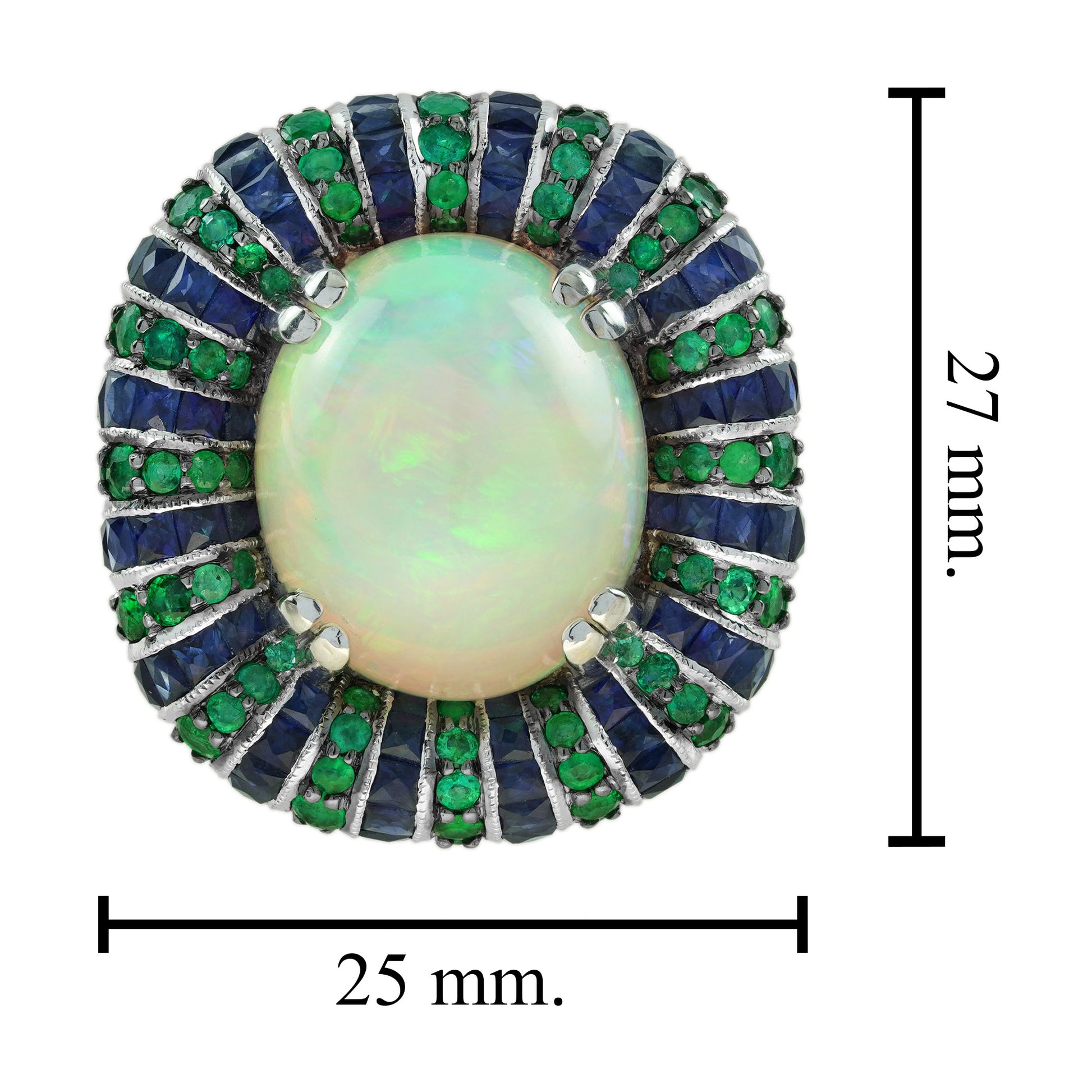 White Ethiopian Opal Emerald Sapphire Antique Style Cocktail 18K White Gold Ring