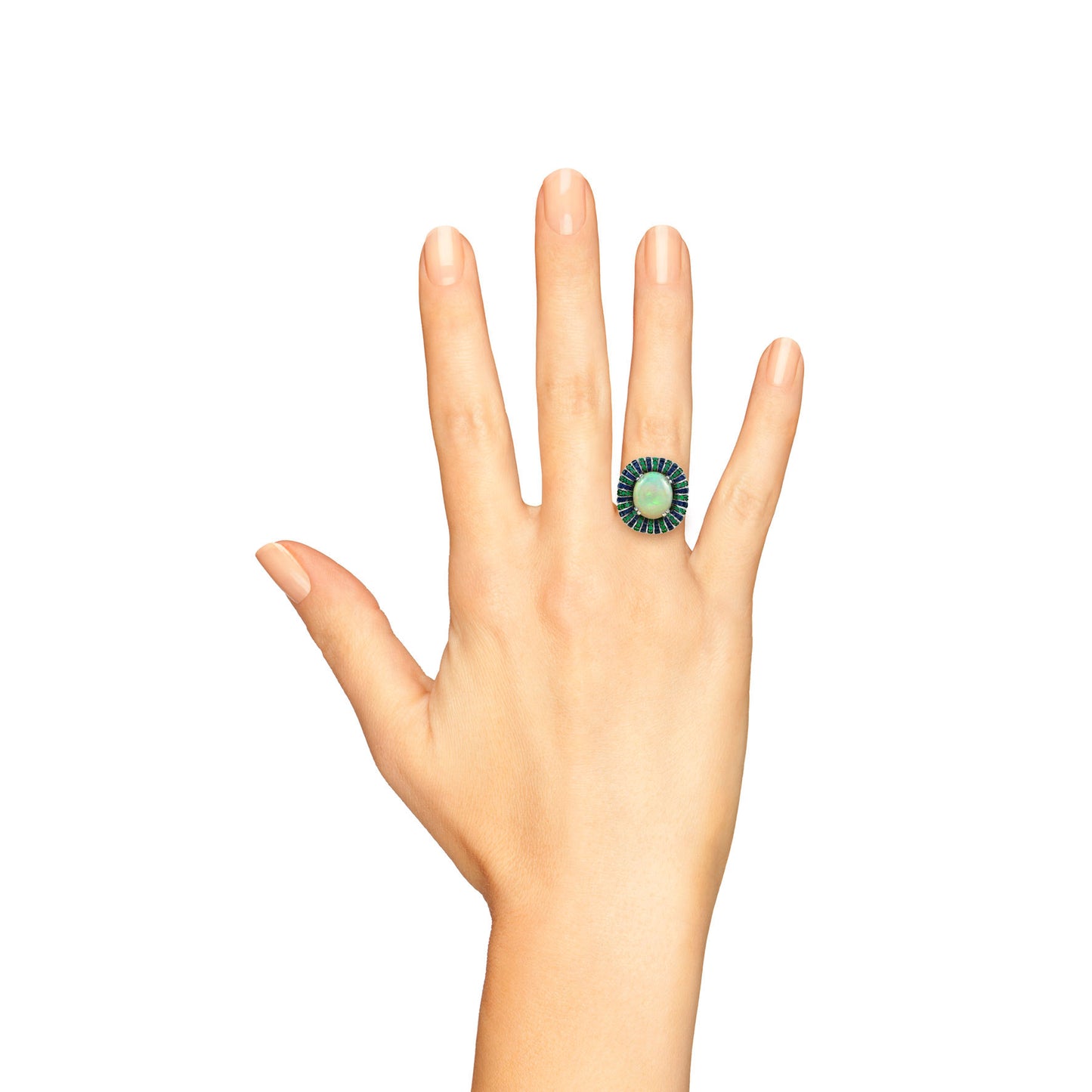 white ethiopian opal emerald sapphire antique style cocktail 18k white gold ring