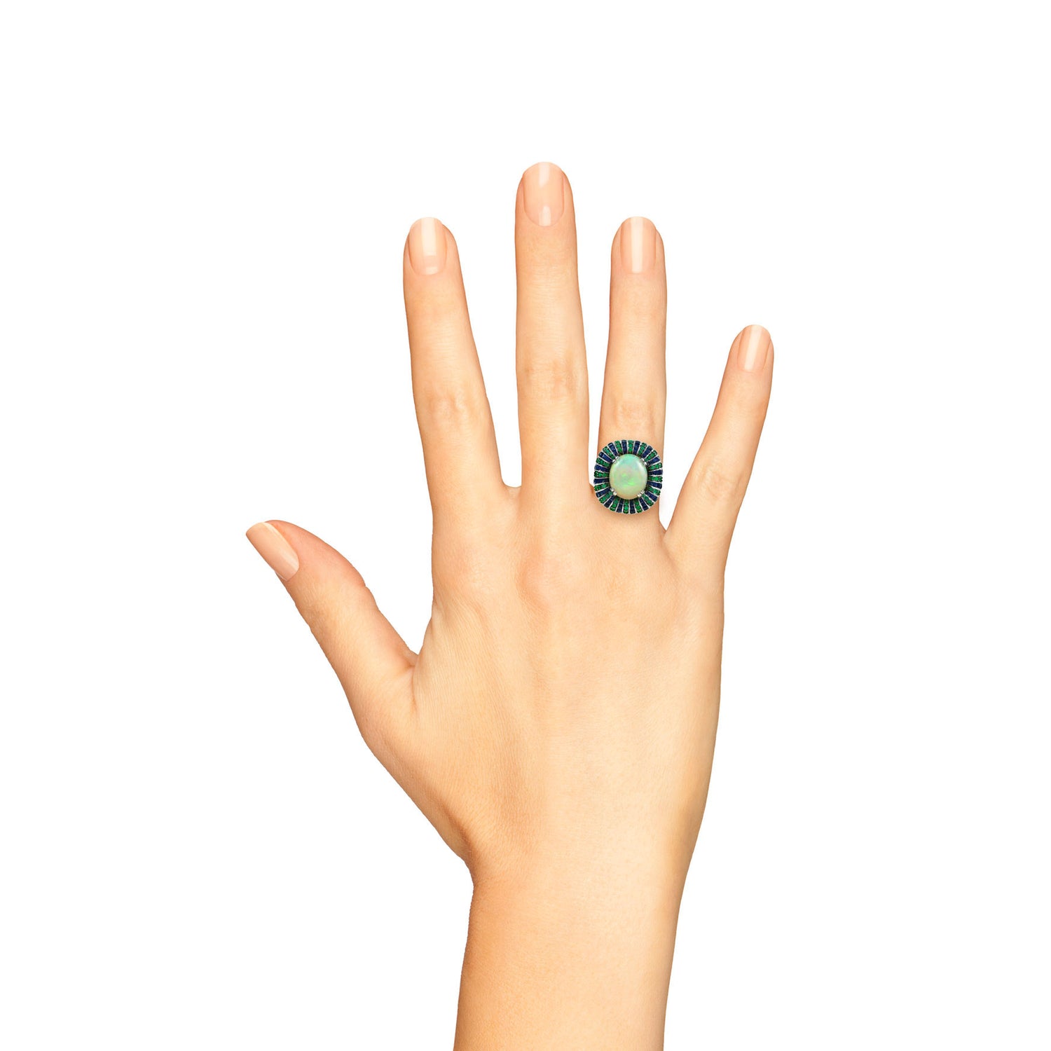 White Ethiopian Opal Emerald Sapphire Antique Style Cocktail 18K White Gold Ring