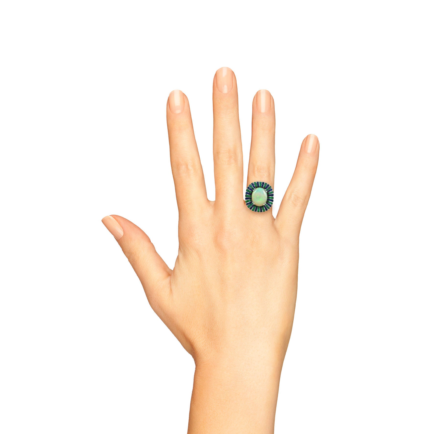 White Ethiopian Opal Emerald Sapphire Antique Style Cocktail 18K White Gold Ring
