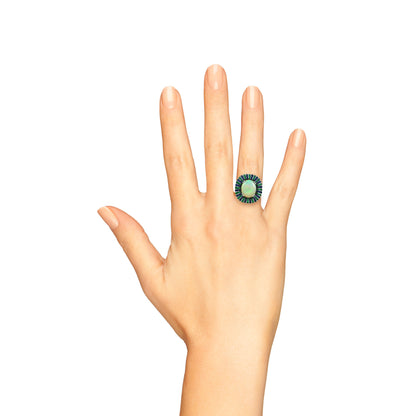 White Ethiopian Opal Emerald Sapphire Antique Style Cocktail 18K White Gold Ring