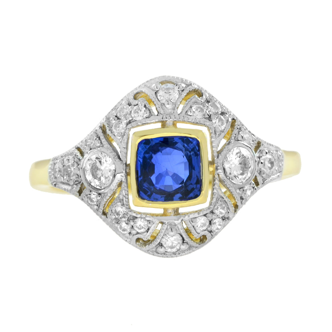 Cushion Blue Sapphire &amp; Diamond Art Deco Style Engagement 14K Yellow Gold Ring