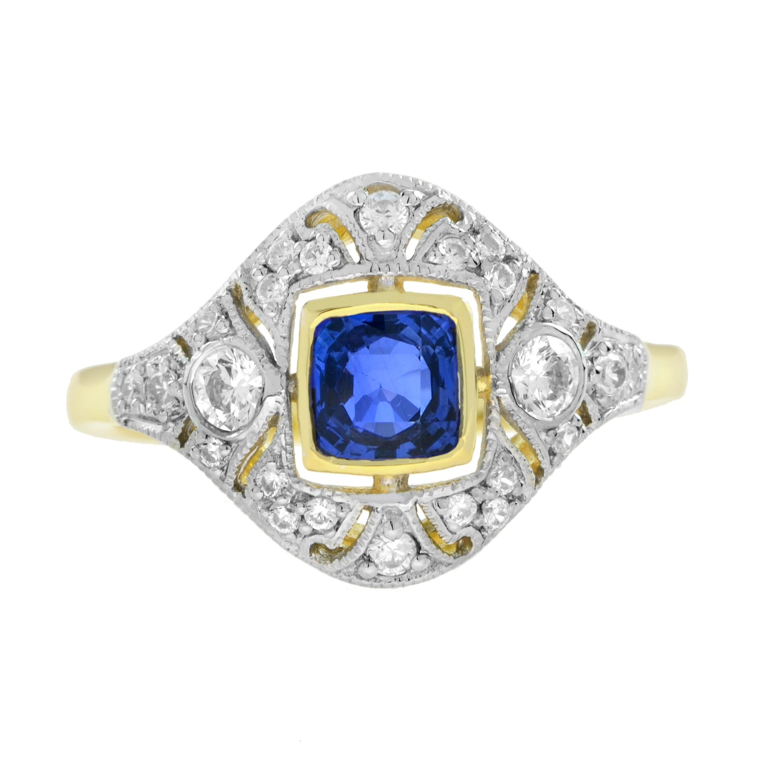 Cushion Blue Sapphire &amp; Diamond Art Deco Style Engagement 14K Yellow Gold Ring