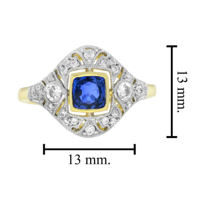 Cushion Blue Sapphire &amp; Diamond Art Deco Style Engagement 14K Yellow Gold Ring