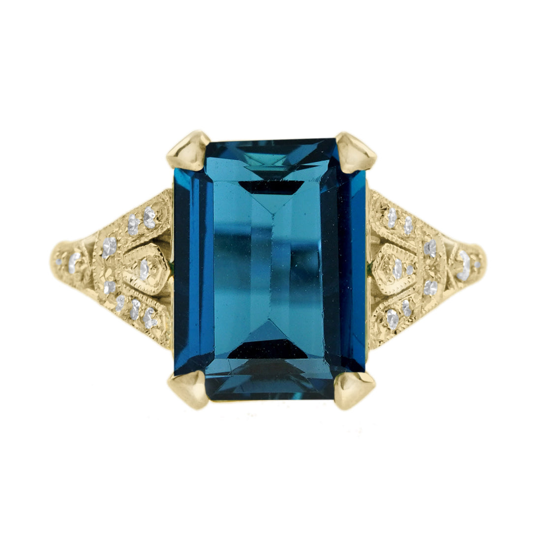 Emerald Cut London Blue Topaz & Diamond Solitaire 14K Yellow Gold Ring