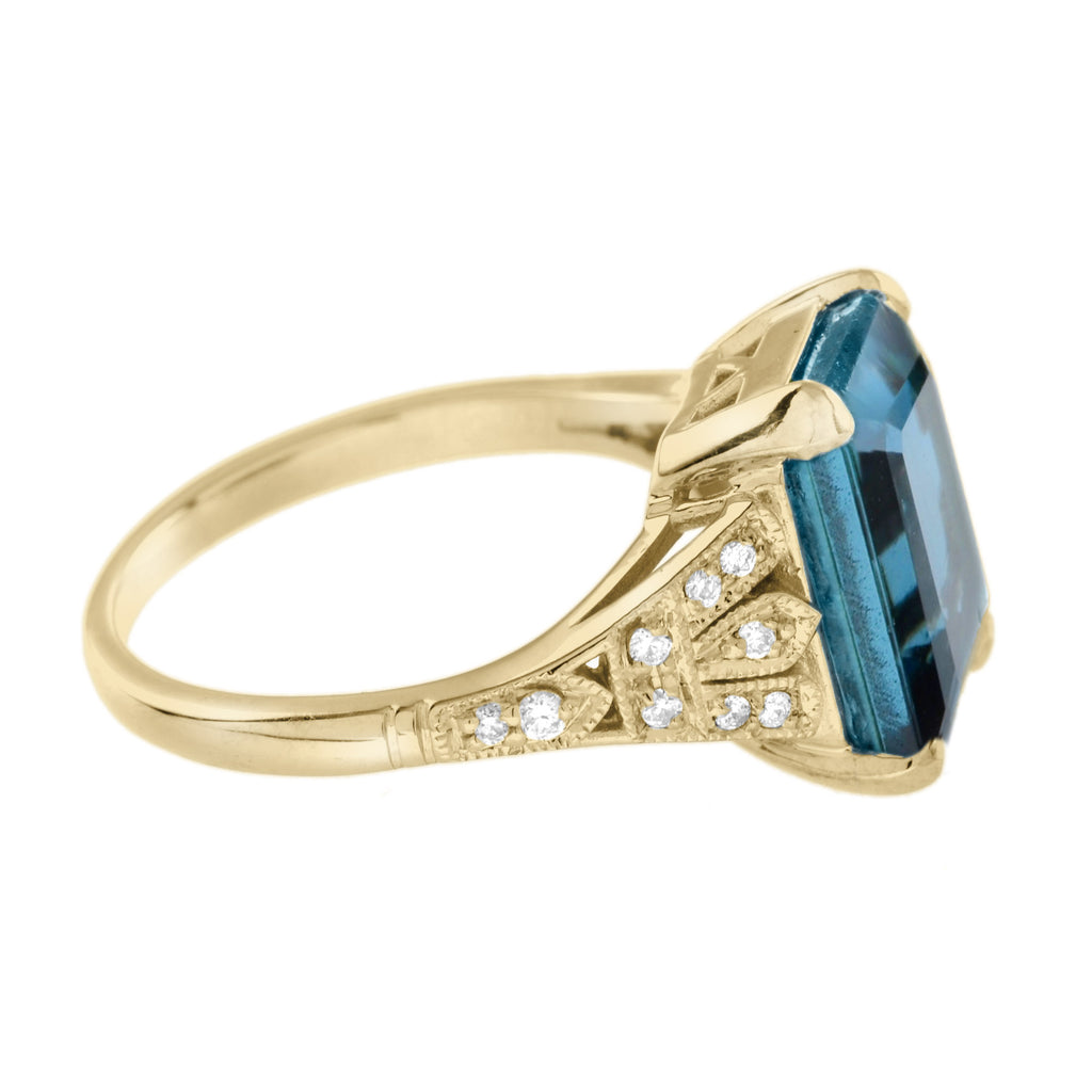 Emerald Cut London Blue Topaz & Diamond Solitaire 14K Yellow Gold Ring