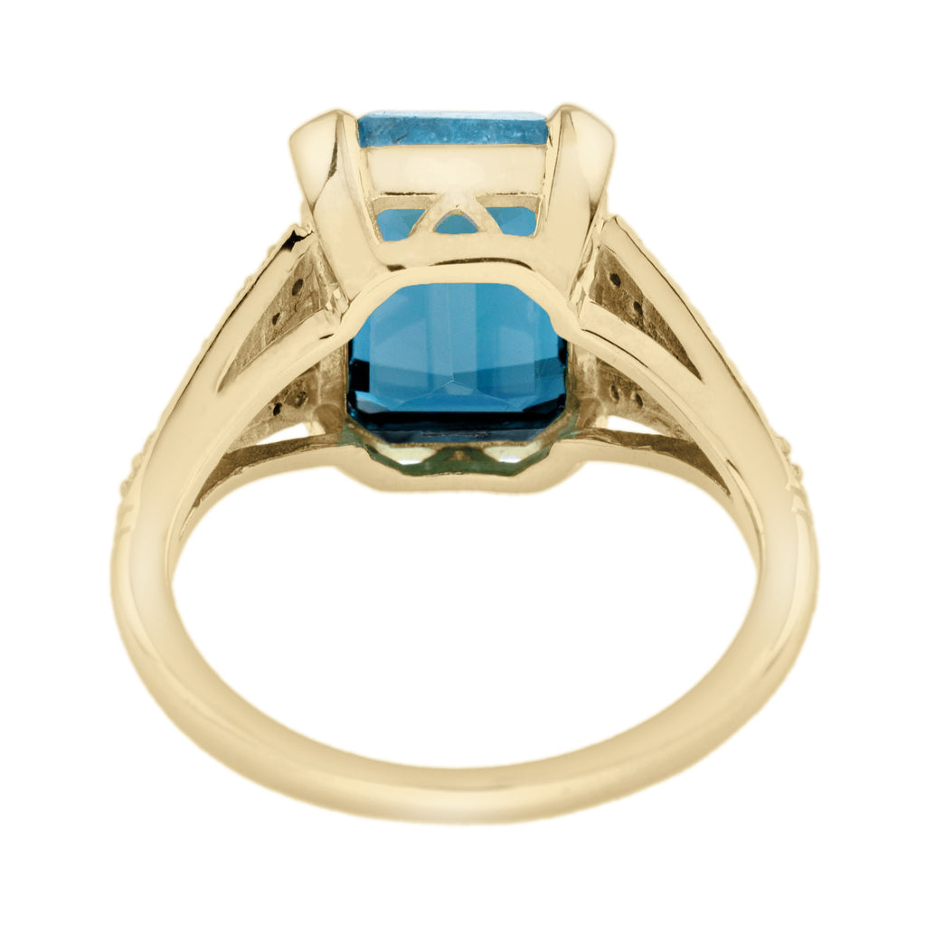 Emerald Cut London Blue Topaz & Diamond Solitaire 14K Yellow Gold Ring
