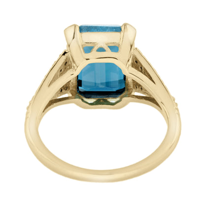 Emerald Cut London Blue Topaz &amp; Diamond Solitaire 14K Yellow Gold Ring
