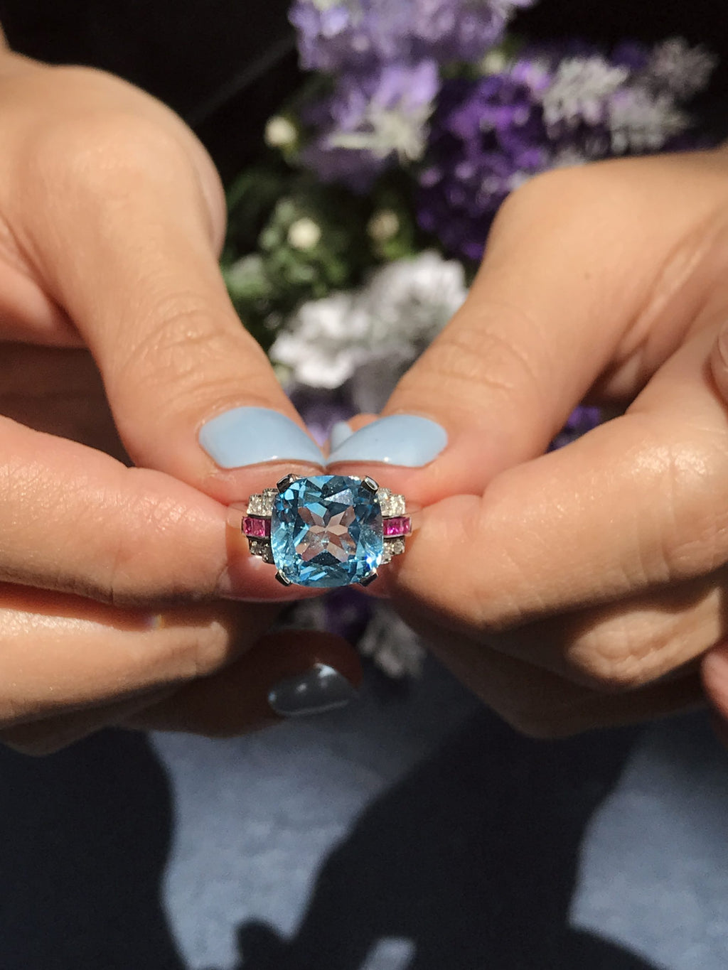 Cushion Blue Topaz & Diamond Pink Ruby Art Deco Style 14K White Gold Ring