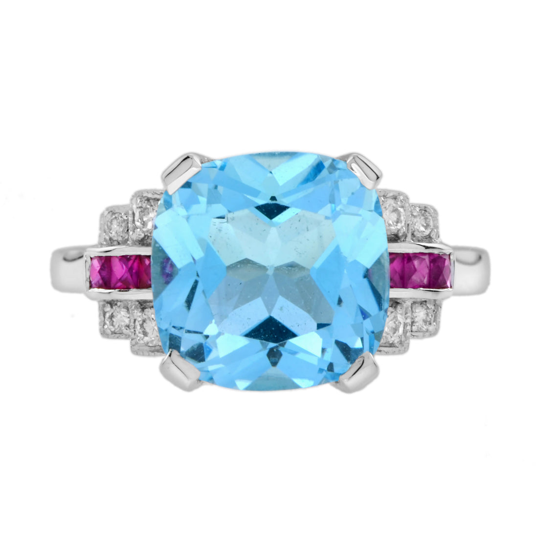 Cushion Blue Topaz & Diamond Pink Ruby Art Deco Style 14K White Gold Ring