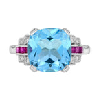 Cushion Blue Topaz & Diamond Pink Ruby Art Deco Style 14K White Gold Ring