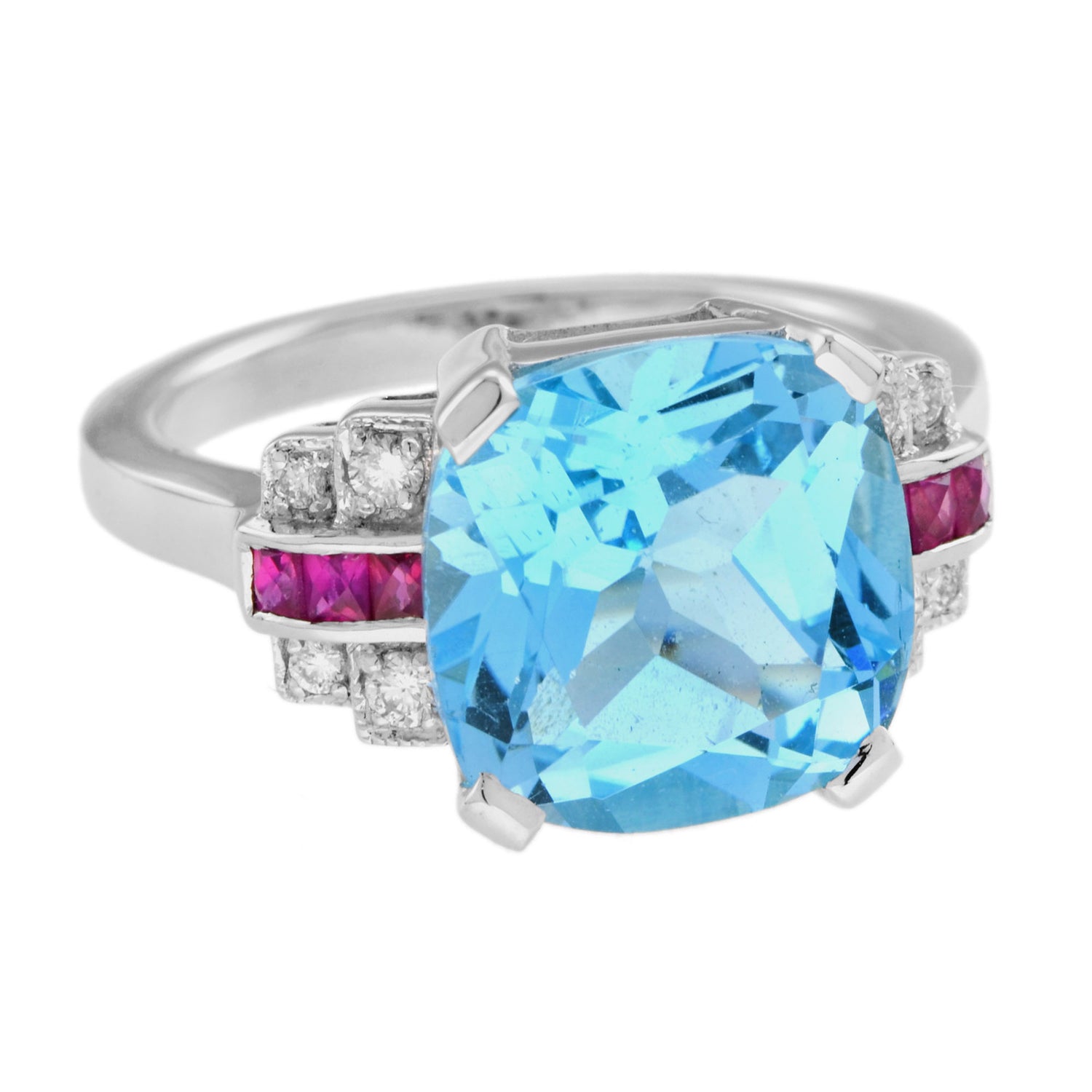 Cushion Blue Topaz &amp; Diamond Pink Ruby Art Deco Style 14K White Gold Ring
