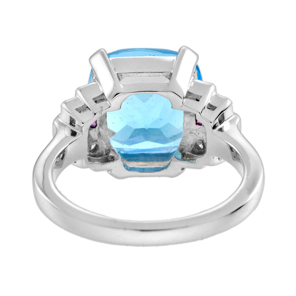 Cushion Blue Topaz & Diamond Pink Ruby Art Deco Style 14K White Gold Ring