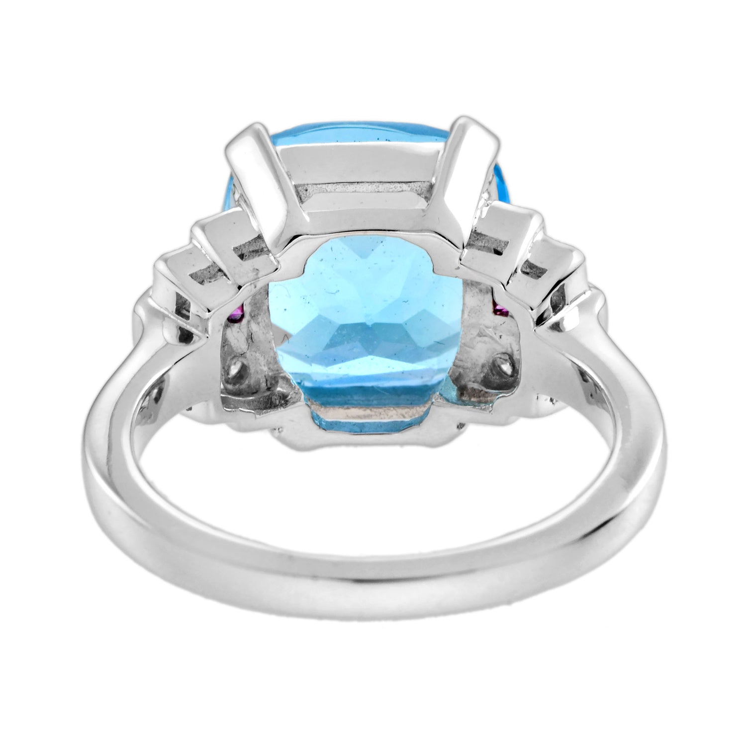 Cushion Blue Topaz &amp; Diamond Pink Ruby Art Deco Style 14K White Gold Ring