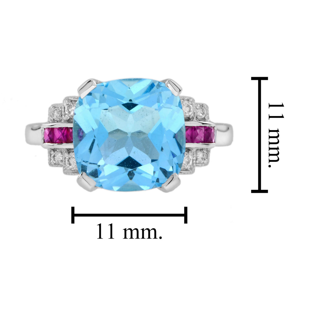 Cushion Blue Topaz & Diamond Pink Ruby Art Deco Style 14K White Gold Ring