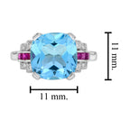 Cushion Blue Topaz & Diamond Pink Ruby Art Deco Style 14K White Gold Ring
