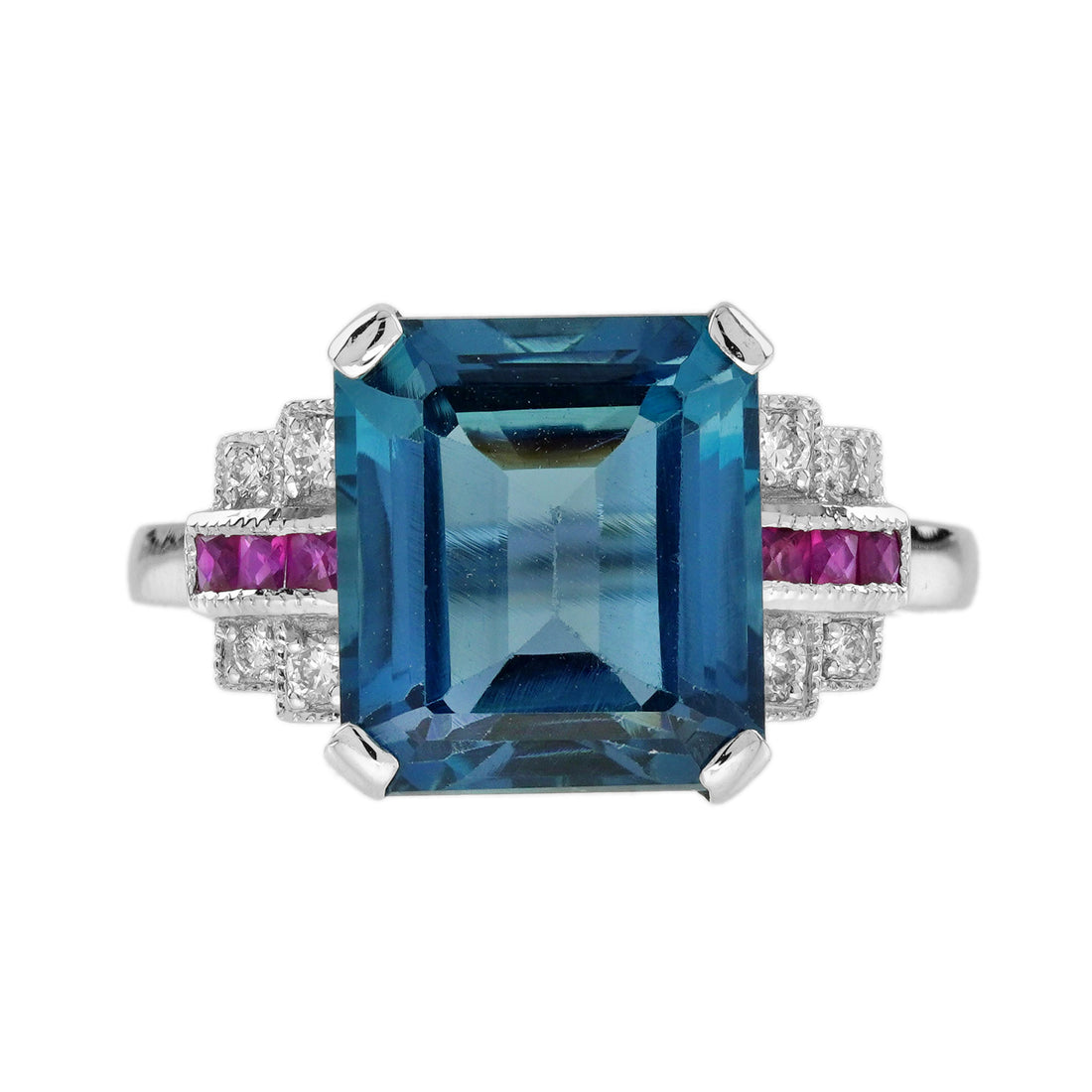 Emerald Shape London Blue Topaz & Ruby Diamond Art Deco Style White Gold Ring