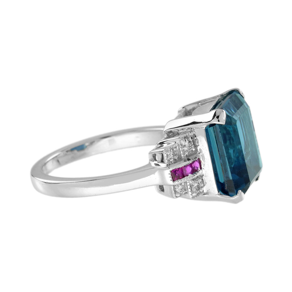 Emerald Shape London Blue Topaz & Ruby Diamond Art Deco Style White Gold Ring