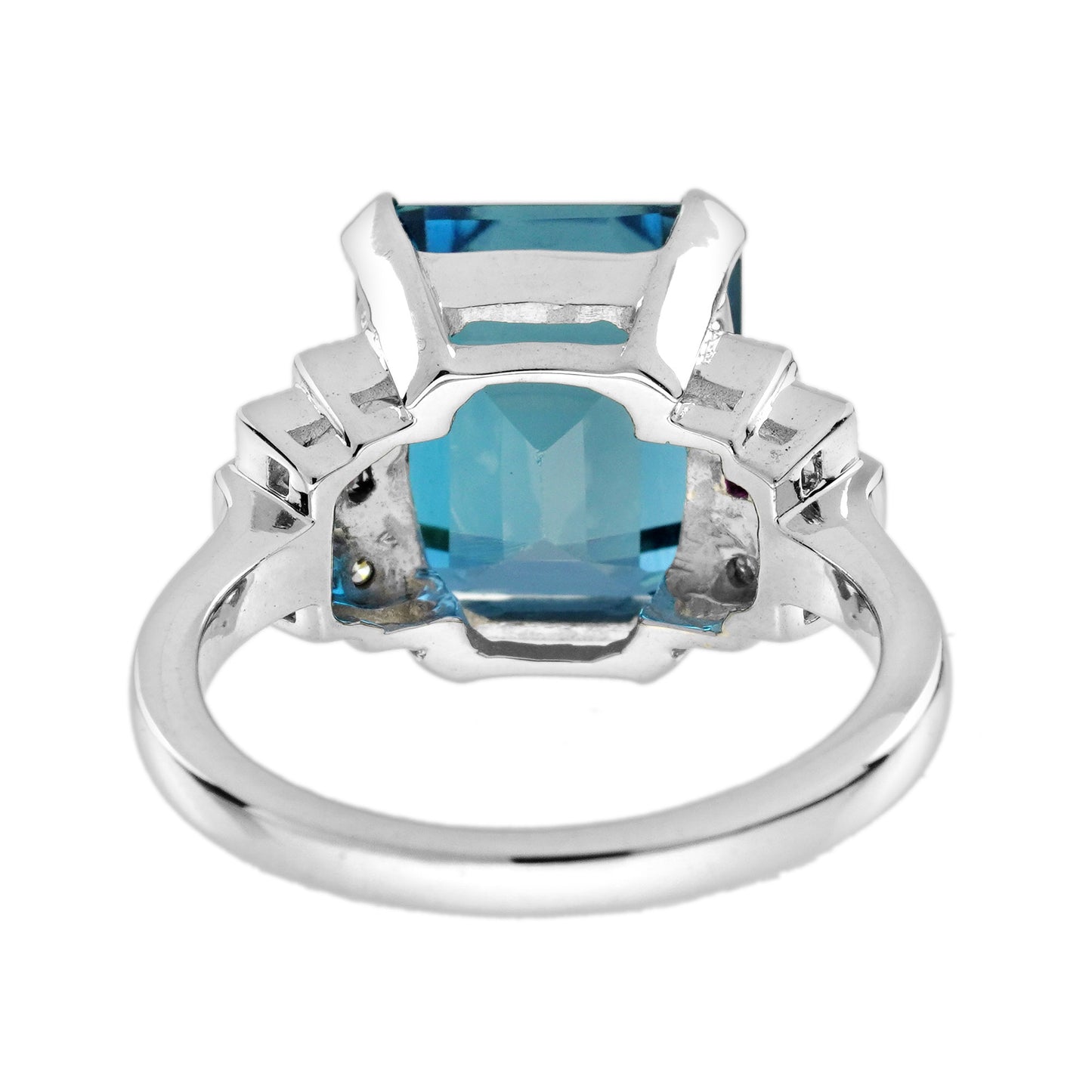 emerald shape london blue topaz & ruby diamond art deco style white gold ring