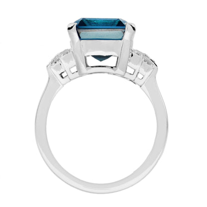 Emerald Shape London Blue Topaz & Ruby Diamond Art Deco Style White Gold Ring