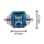 Emerald Shape London Blue Topaz & Ruby Diamond Art Deco Style White Gold Ring