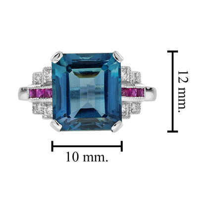 Emerald Shape London Blue Topaz & Ruby Diamond Art Deco Style White Gold Ring