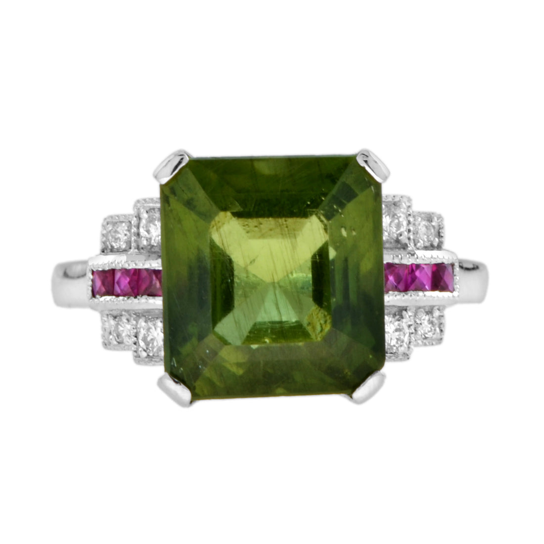 Certified Green Apatite with Diamond Ruby Art Deco Style 18K White Gold Ring