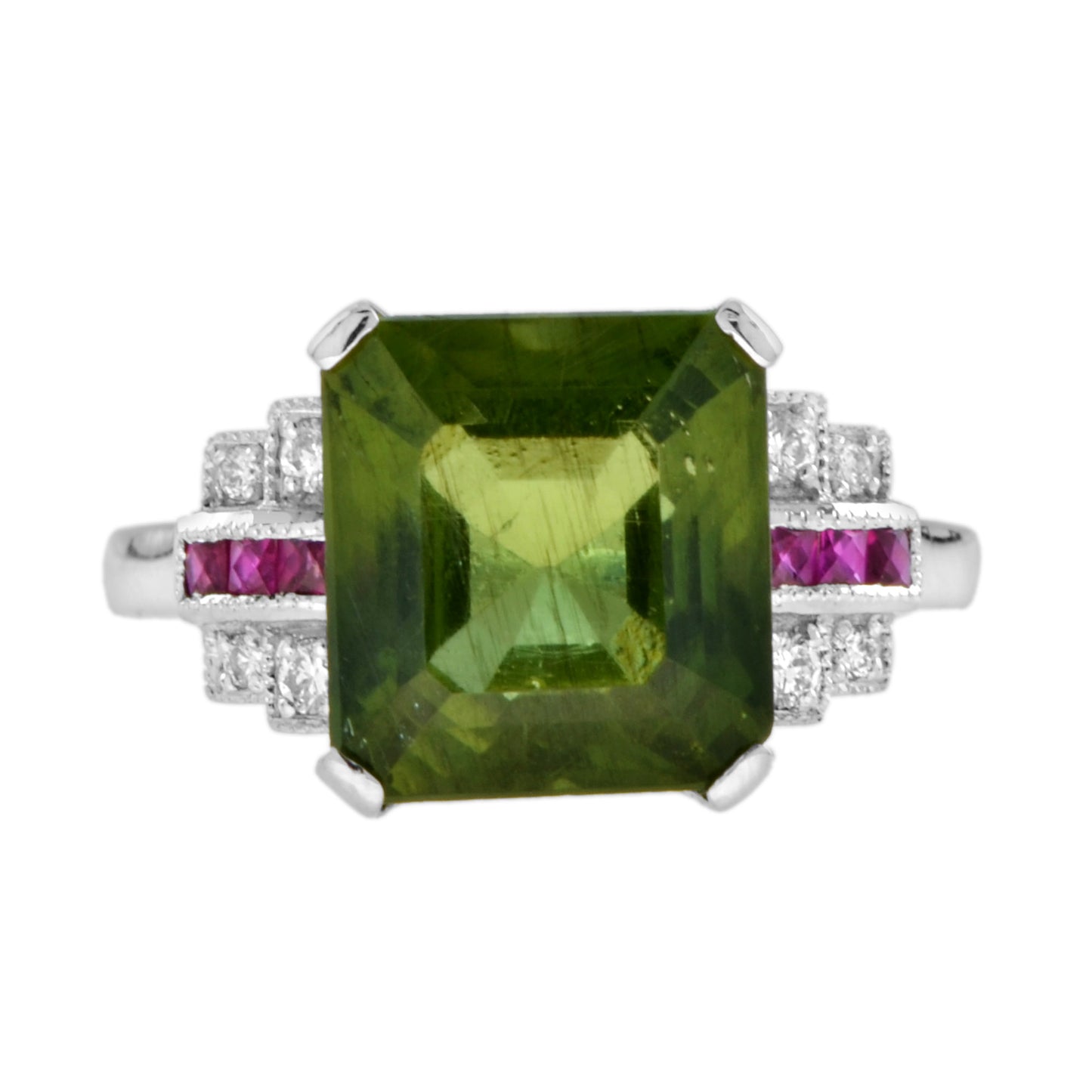 certified green apatite with diamond ruby art deco style 18k white gold ring
