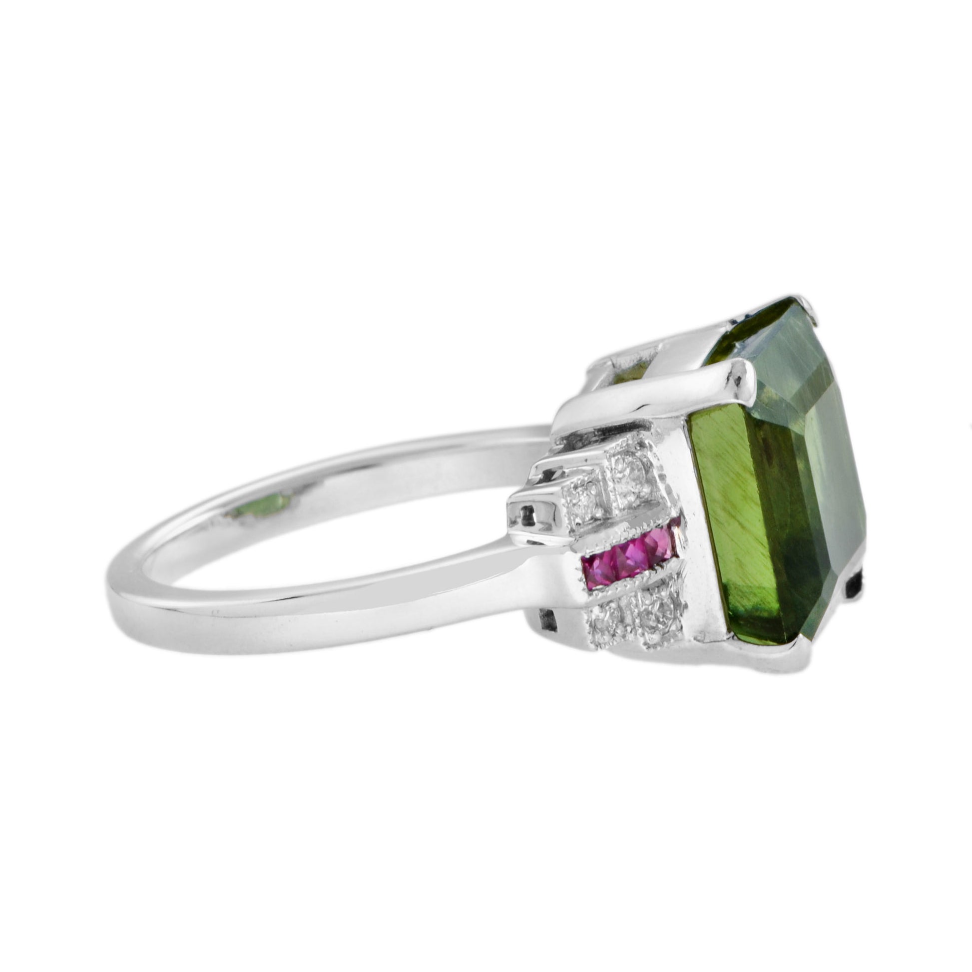 Certified Green Apatite with Diamond Ruby Art Deco Style 18K White Gold Ring