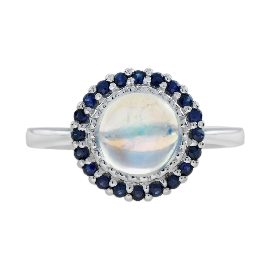 Round White Moonstone & Blue Sapphire Halo Set Vintage Style 14K White Gold Ring