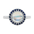 Round White Moonstone & Blue Sapphire Halo Set Vintage Style 14K White Gold Ring