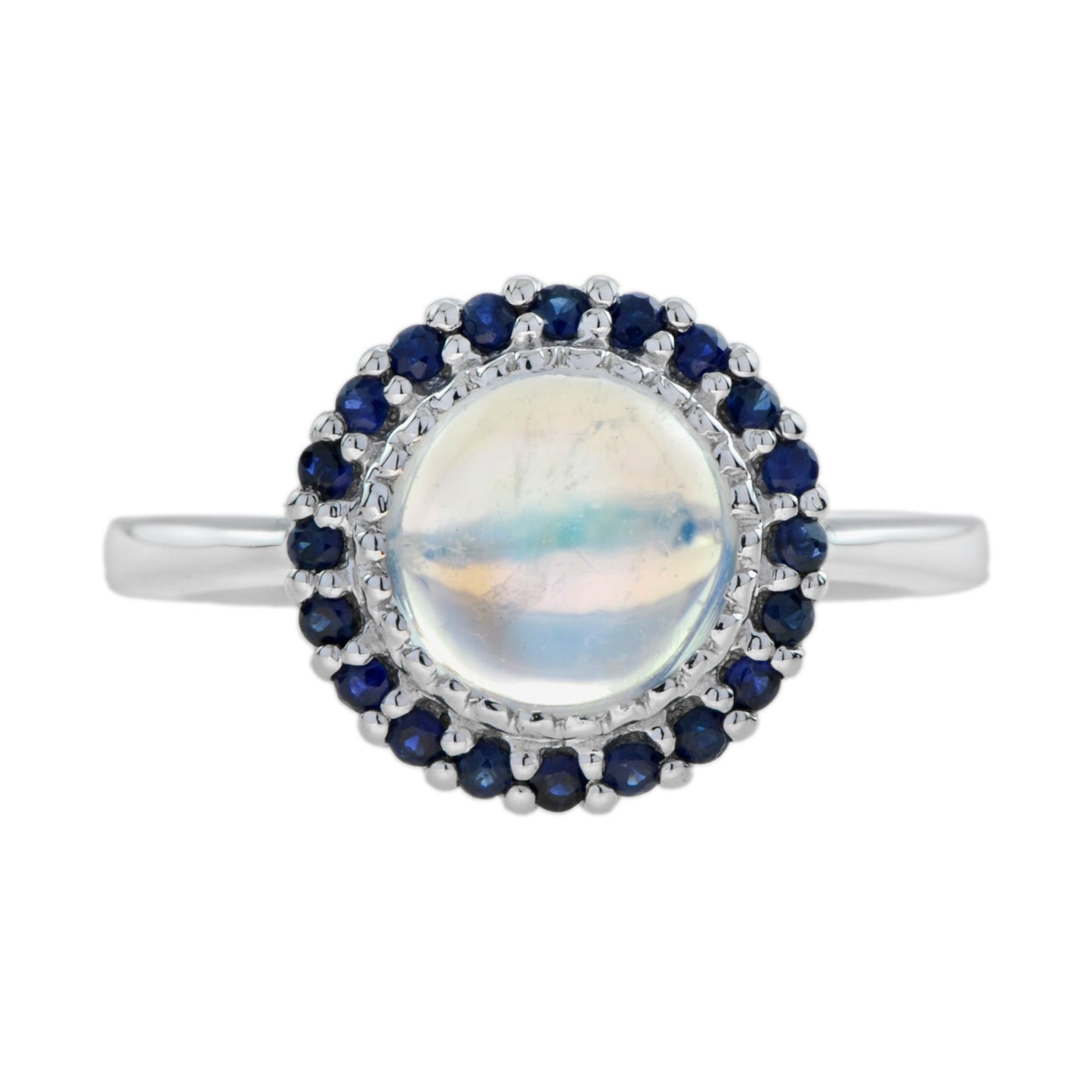 round white moonstone & blue sapphire halo set vintage style 14k white gold ring