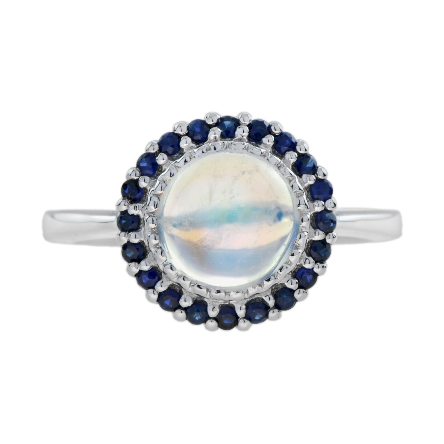 Round White Moonstone &amp; Blue Sapphire Halo Set Vintage Style 14K White Gold Ring