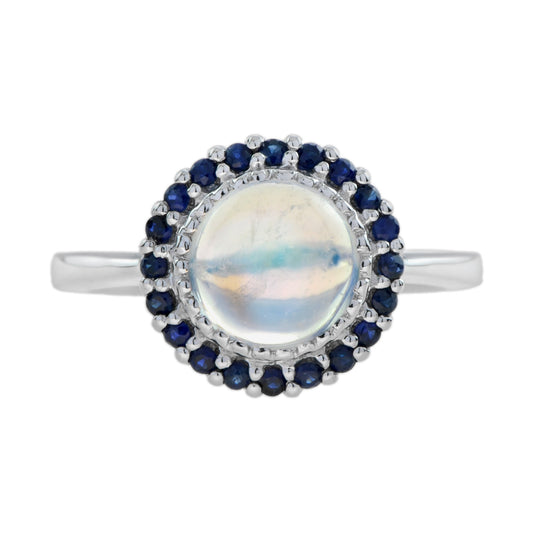 Round White Moonstone & Blue Sapphire Halo Set Vintage Style 14K White Gold Ring
