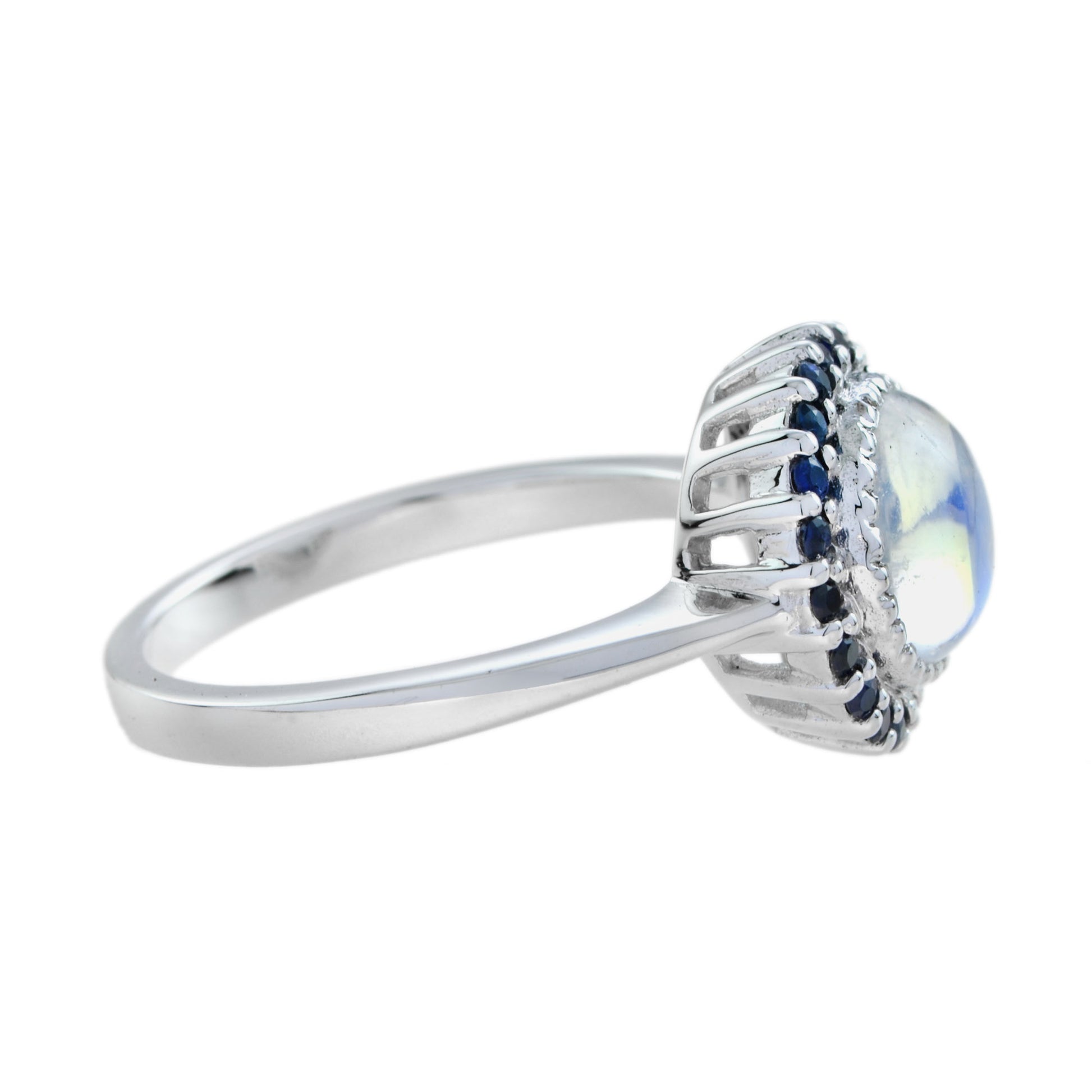 Round White Moonstone & Blue Sapphire Halo Set Vintage Style 14K White Gold Ring