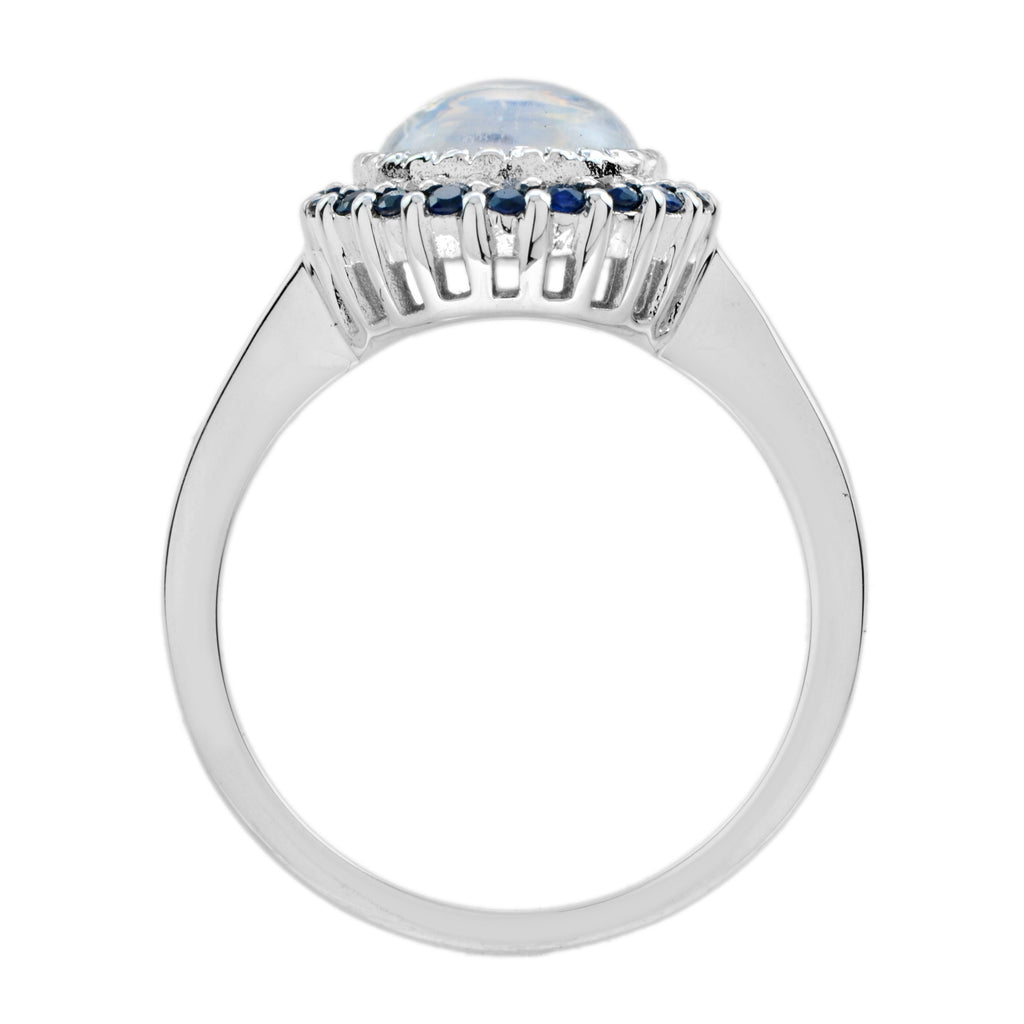 Round White Moonstone & Blue Sapphire Halo Set Vintage Style 14K White Gold Ring