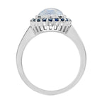 Round White Moonstone & Blue Sapphire Halo Set Vintage Style 14K White Gold Ring