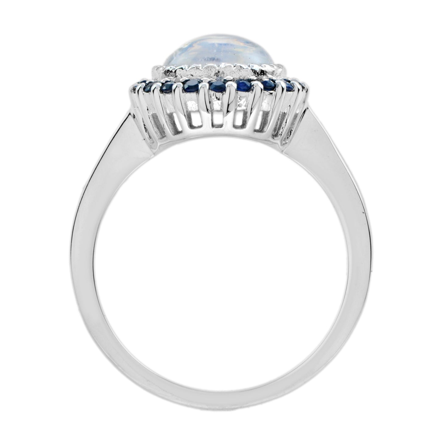round white moonstone & blue sapphire halo set vintage style 14k white gold ring